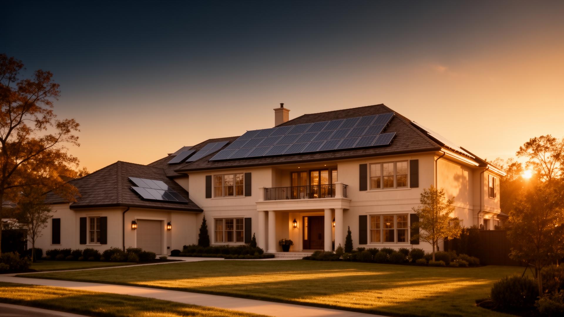 Suburban home with rooftop solar panels at golden hour